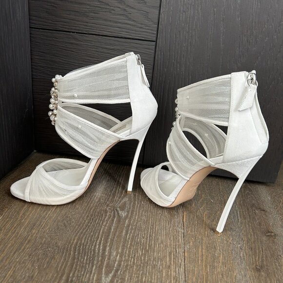 Casadei White Suede Organze Sandal Heel - Picture 1 of 8